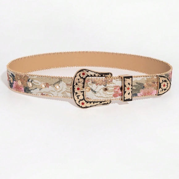 Western Floral Embroidered Rhinestone Gold Tone Buckle Belt - Picture 2 of 5
